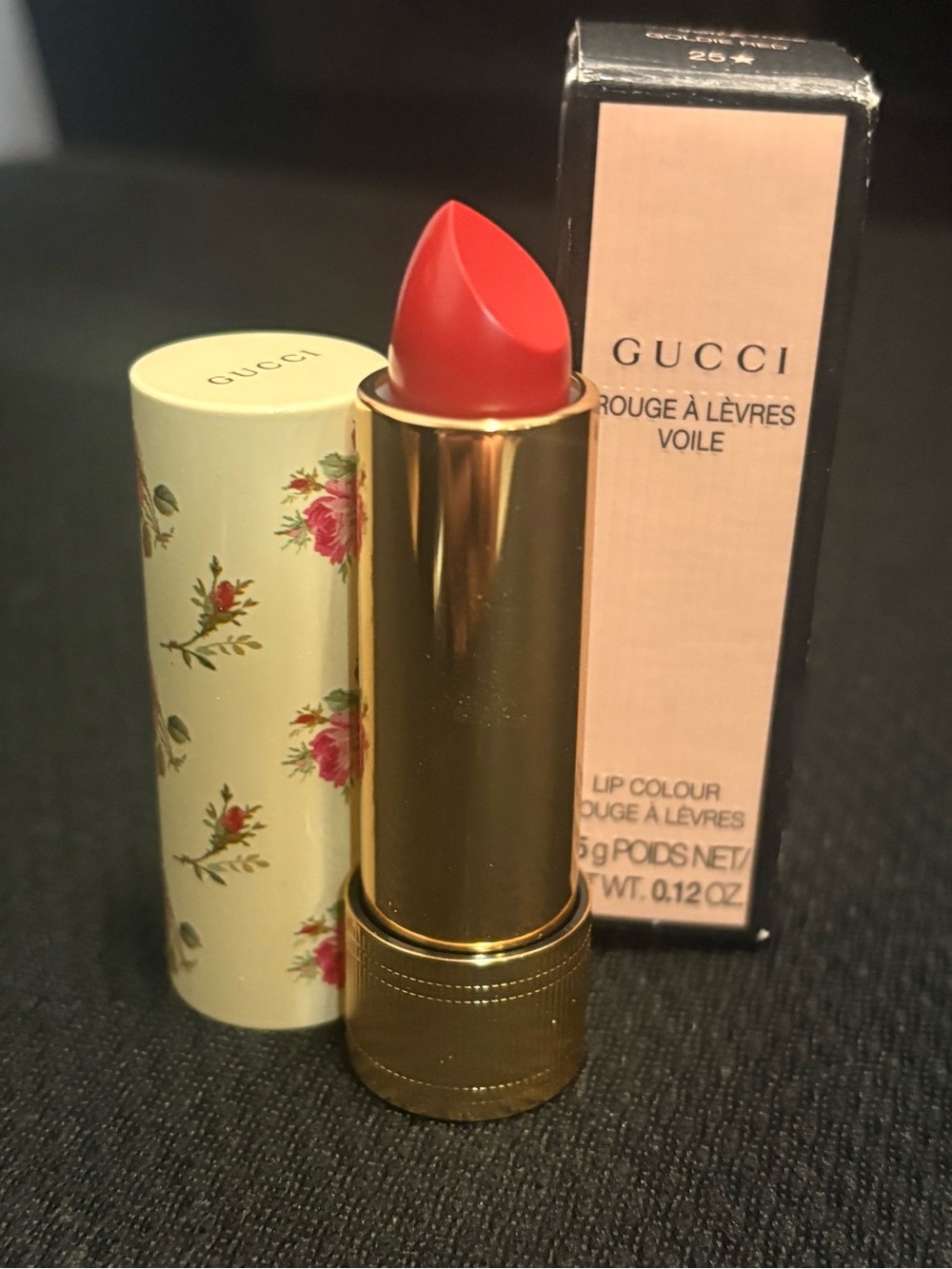 Gucci Voile Lip Colour — Goldie Red 25 sheer lipstick